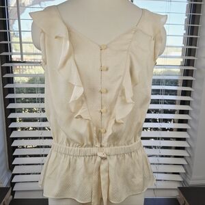 LOFT Cream Textured V-Neck Ruffle Sleeve Top | Peplum Waist | Size S